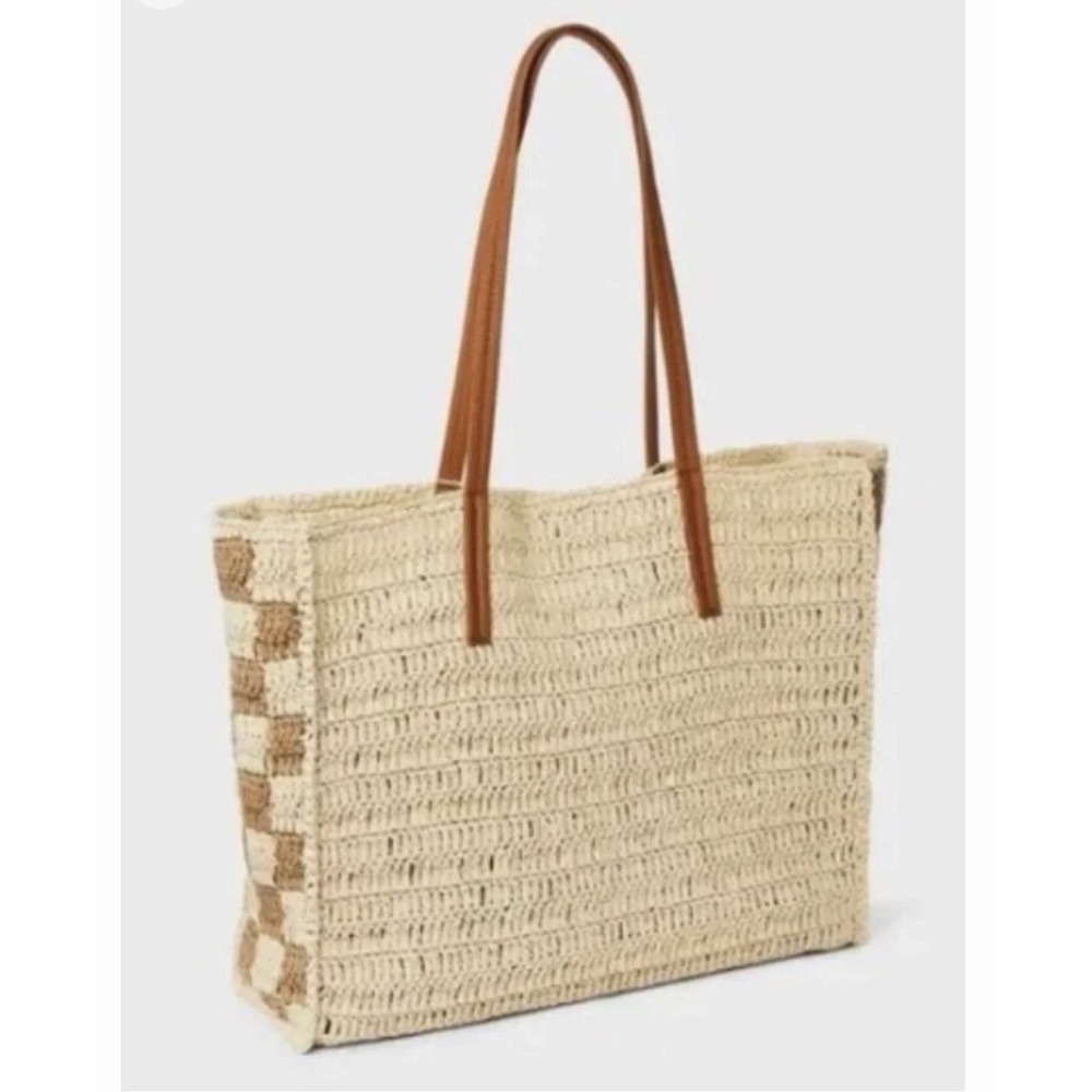 New Universal Thread Packable Woven Straw Tote Beach Bag Brown Straps Checkered